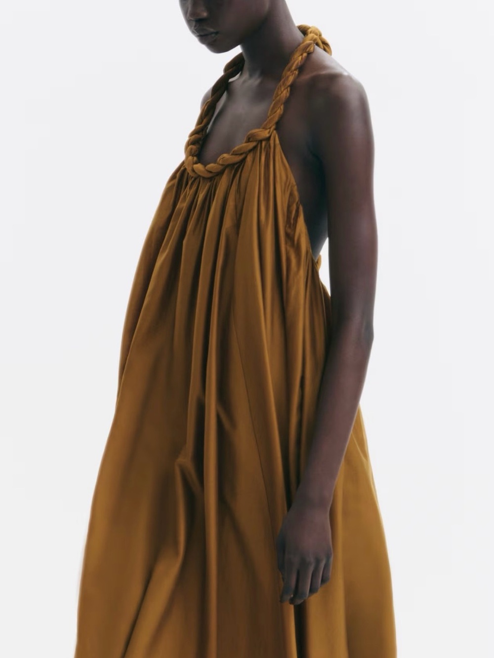 H&M Braid Detail Maxi Dress Sleeveless Flowy A-Line Halter Dk Golden Beige Large - Picture 2 of 7